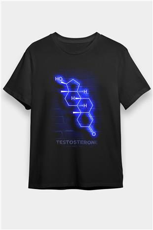 Testosteron Molekülü Neon Baskılı Unisex Siyah Tişört - Tshirt