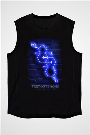 Testosteron Molekülü Neon Baskılı Unisex Kolsuz Siyah Tişört - Tshirt