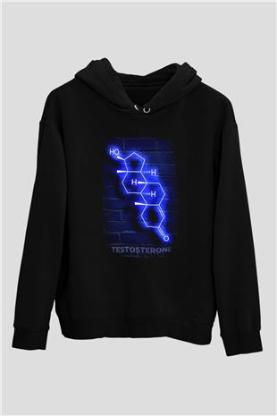 Testosteron Molekülü Neon Baskılı Unisex Siyah Kapüşonlu Sweatshirt