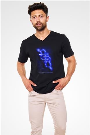 Testosteron Molekülü Neon Baskılı Unisex V Yaka Siyah Tİşört - Tshirt