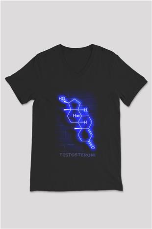 Testosteron Molekülü Neon Baskılı Unisex V Yaka Siyah Tİşört - Tshirt