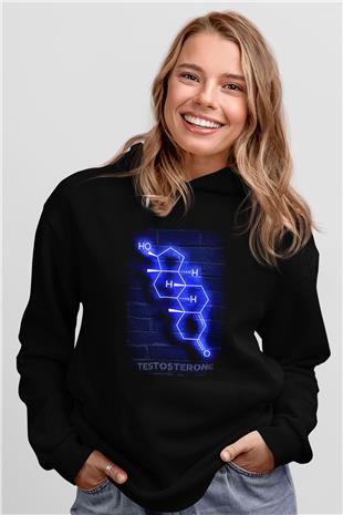 Testosteron Molekülü Neon Baskılı Unisex Siyah Kapüşonlu Sweatshirt