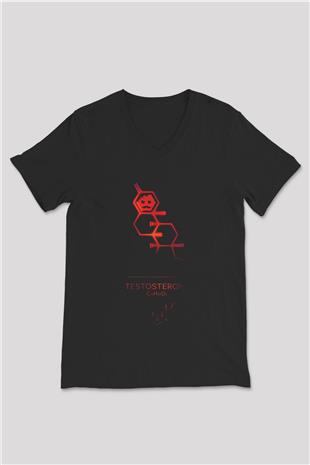 Testosterone Molekülü Baskılı Unisex V Yaka Siyah Tİşört - Tshirt