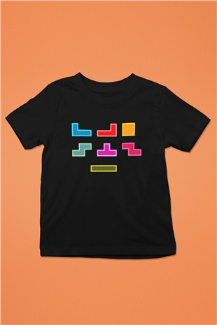 Tetris Baskılı Siyah Unisex Çocuk Tişört
