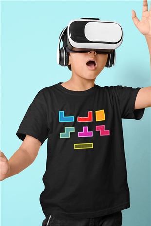 Tetris Baskılı Siyah Unisex Çocuk Tişört