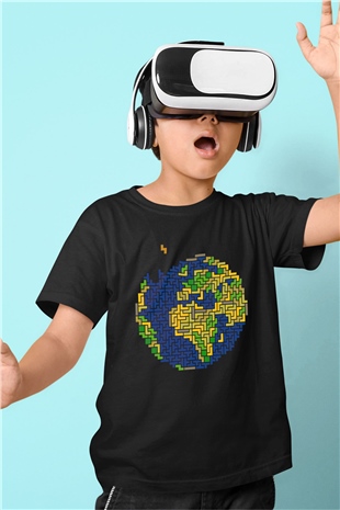 Tetris Baskılı Siyah Unisex Çocuk Tişört