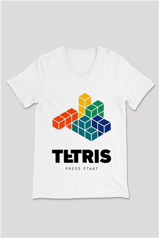 Tetris Beyaz Unisex  V Yaka Tişört