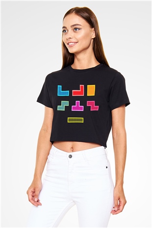 Tetris Siyah Crop Top Tişört