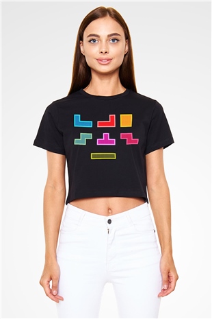 Tetris Siyah Crop Top Tişört