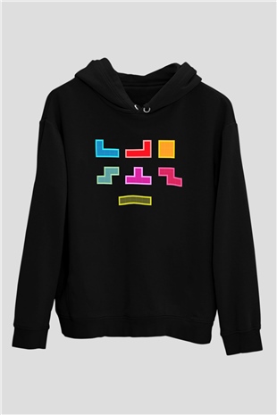 Tetris Siyah Unisex Kapüşonlu Sweatshirt