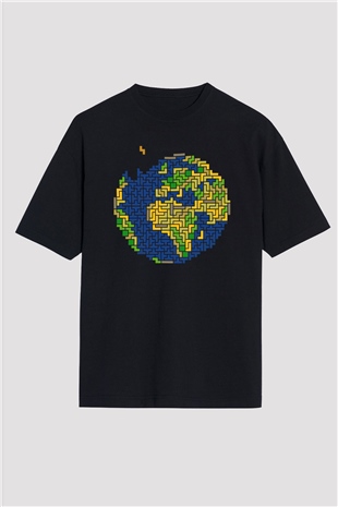 Tetris Siyah Unisex Oversize Tişört T-Shirt