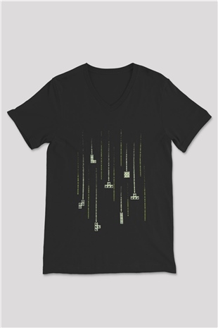 Tetris Siyah Unisex  V Yaka Tişört