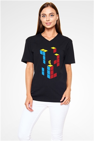 Tetris Siyah Unisex  V Yaka Tişört