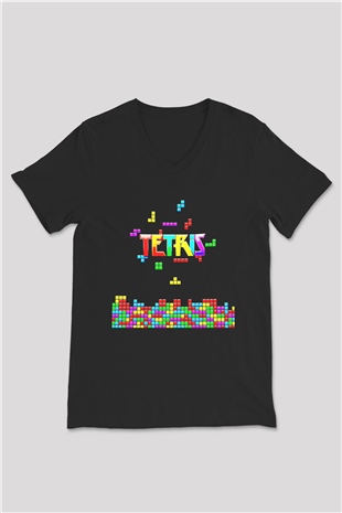 Tetris Siyah Unisex V Yaka Tişört