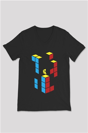 Tetris Siyah Unisex  V Yaka Tişört