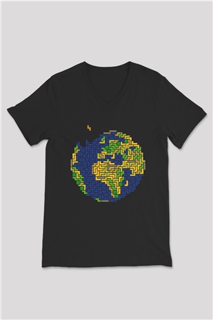 Tetris Siyah Unisex V Yaka Tişört T-Shirt