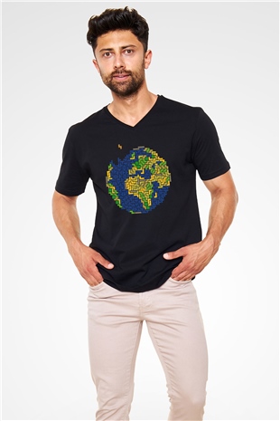 Tetris Siyah Unisex V Yaka Tişört T-Shirt
