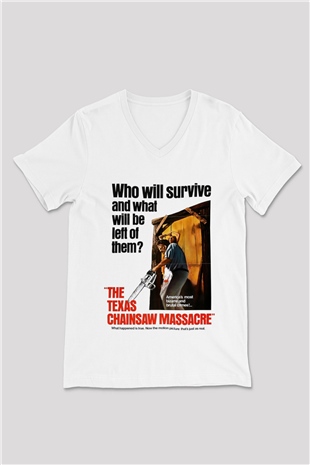 Texas Chain Saw Massacre Beyaz Unisex V Yaka Tişört