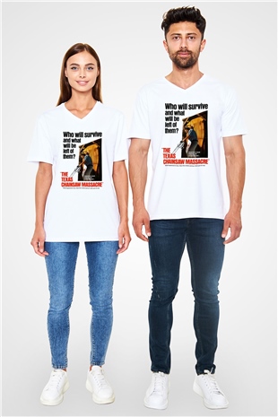 Texas Chain Saw Massacre Beyaz Unisex V Yaka Tişört