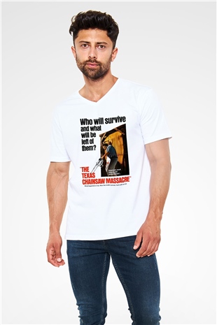 Texas Chain Saw Massacre Beyaz Unisex V Yaka Tişört