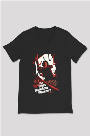 Texas Chain Saw Massacre Siyah Unisex V Yaka Tişört