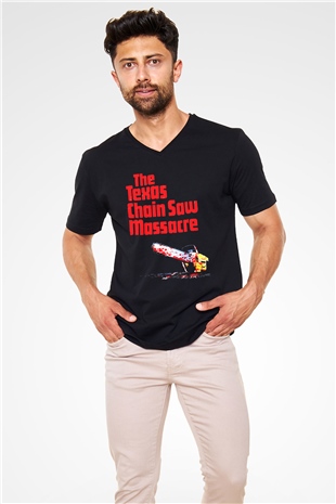 Texas Chain Saw Massacre Siyah Unisex V Yaka Tişört