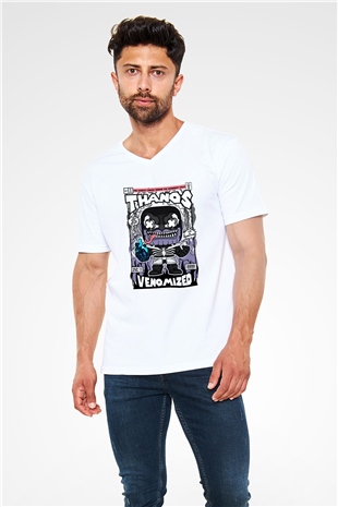 Thanos Venomized Baskılı Unisex Beyaz V Yaka Tişört