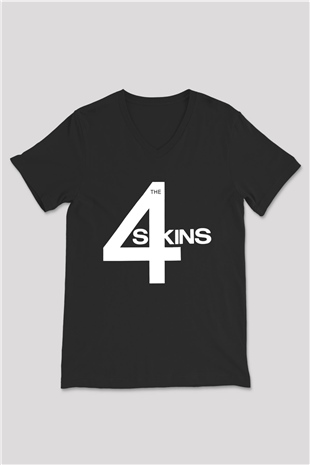 The 4 Skins Baskılı Unisex Siyah V Yaka Tişört - Tshirt