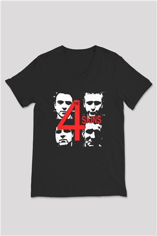 The 4 Skins Baskılı Unisex Siyah V Yaka Tişört - Tshirt