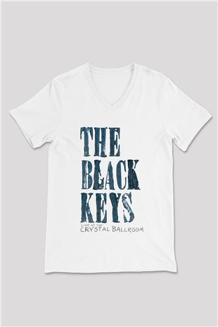The Black Keys Baskılı Beyaz Unisex V Yaka Tişört - Tshirt