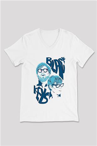 The Black Keys Baskılı Beyaz Unisex V Yaka Tişört - Tshirt