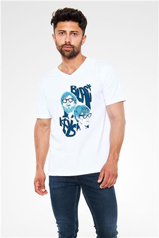 The Black Keys Baskılı Beyaz Unisex V Yaka Tişört - Tshirt