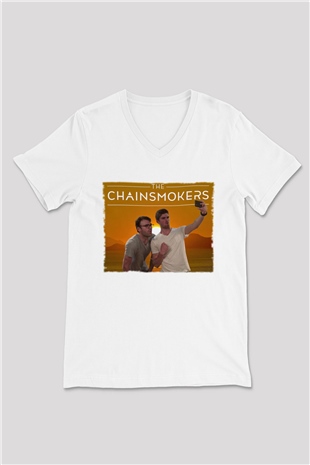 The Chainsmokers Beyaz Unisex V Yaka Tişört