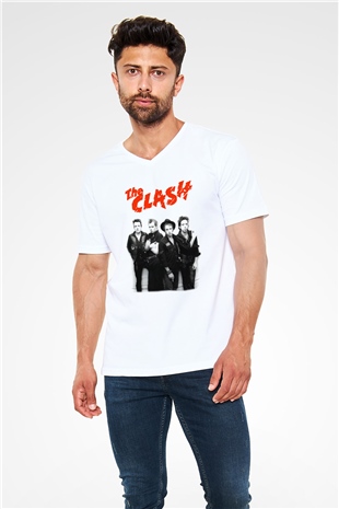 The Clash Beyaz Unisex V Yaka Tişört T-Shirt