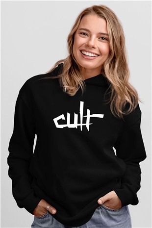 The Cult Baskılı Unisex Siyah Kapüşonlu Sweatshirt