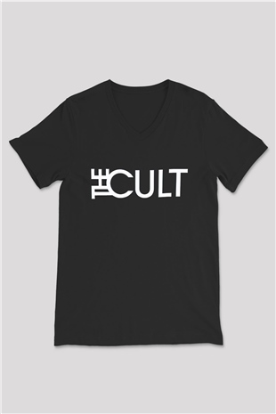 The Cult Baskılı Unisex Siyah V Yaka Tişört - Tshirt