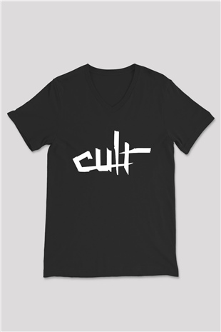 The Cult Baskılı Unisex Siyah V Yaka Tişört - Tshirt