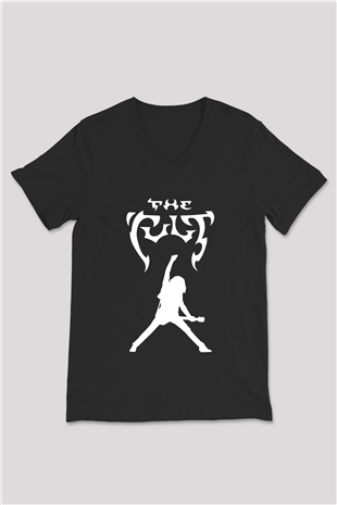 The Cult Baskılı Unisex Siyah V Yaka Tişört - Tshirt