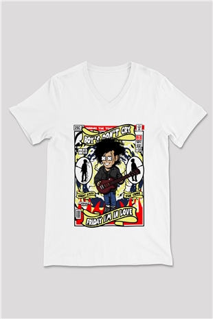 The Cure Baskılı Unisex Beyaz V Yaka Tişört