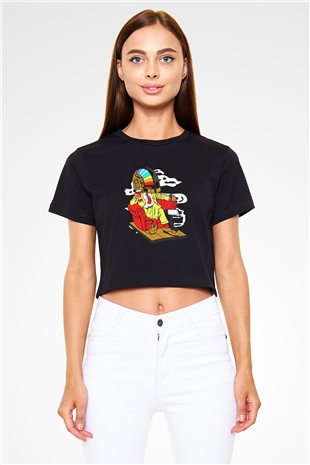 The Daft Punk Boss Baskılı Siyah Kadın Crop Top Tişört