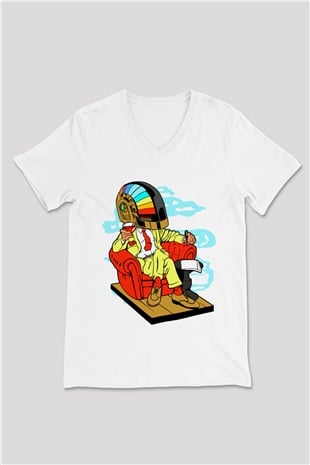 The Daft Punk Boss Baskılı Unisex Beyaz V Yaka Tişört