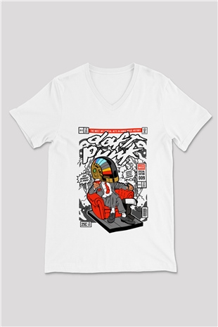 The Daft Punk Boss Baskılı Unisex Beyaz V Yaka Tişört