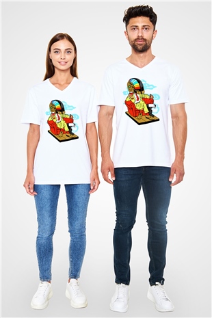 The Daft Punk Boss Baskılı Unisex Beyaz V Yaka Tişört