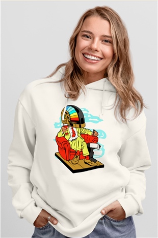 The Daft Punk Boss Baskılı Unisex Beyaz Hoodie