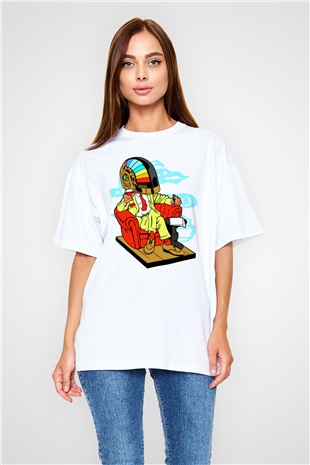 The Daft Punk Boss Baskılı Unisex Beyaz Oversize Tişört