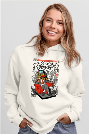 The Daft Punk Boss Baskılı Unisex Beyaz Hoodie