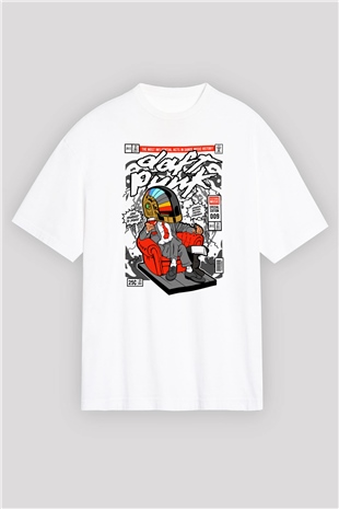 The Daft Punk Boss Baskılı Unisex Beyaz Oversize Tişört