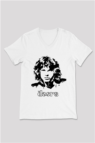 The Doors Beyaz Unisex V Yaka Tişört