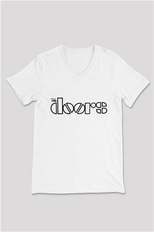 The Doors Beyaz Unisex V Yaka Tişört T-Shirt