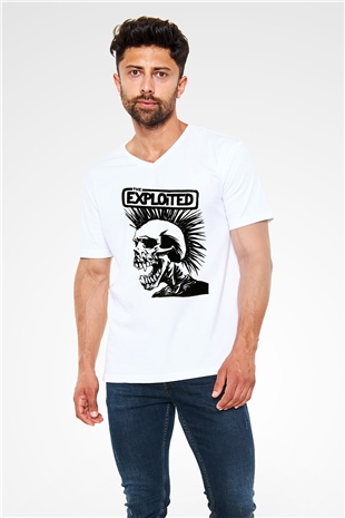 The Exploited Beyaz Unisex V Yaka Tişört T-Shirt